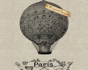 Vintage Hot Air Balloon Paris Instant Download Digital Image No.174 Iron-On Transfer to Fabric (burlap, linen) Paper Prints (cards, tags)