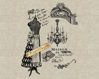 Vintage French Couture Ad Instant Download Digital Image No.108 Iron-On Transfer to Fabric (arpillera, lino) Impresiones en papel (tarjetas, etiquetas)
