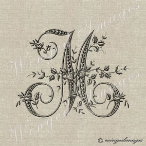 Antieke Franse Monogram Letter M Instant Download Digital Image No.229 Iron-On Transfer naar stof (jute, linnen) Papierafdrukken (kaarten, tags)