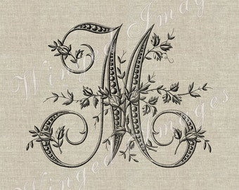 Antique French Monogram Letter M Instant Download Digital Image No.229 Iron-On Transfer to Fabric (burlap, linen) Paper Prints (cards, tags)