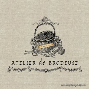 May include: Black and white illustration of a basket filled with sewing supplies, including spools of thread, needles, and scissors. The text "ATELIER de BRODEUSE" is below the image. The text "www.wingedimages.etsy.com" is at the bottom of the image.