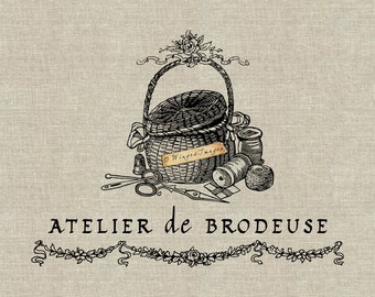 Atelier de Brodeuse. Imagen digital de descarga instantánea n.º 377 Transferencia térmica sobre tela (arpillera, lino) Impresiones en papel (tarjetas, etiquetas)