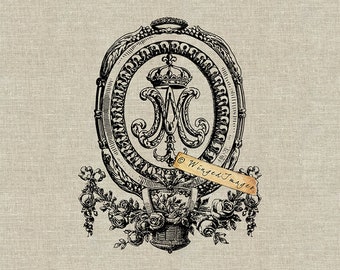 Iniciales de la Reina María Antonieta. Imagen digital n.° 255 de descarga instantánea. Transferencia termoadhesiva sobre tela (arpillera, lino). Impresiones en papel (tarjetas, etiquetas).