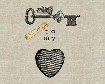 Key To My Heart Instant Download Digital Image No.105 Iron-On Transfer to Fabric (burlap, linen) Paper Prints (cards, tags)