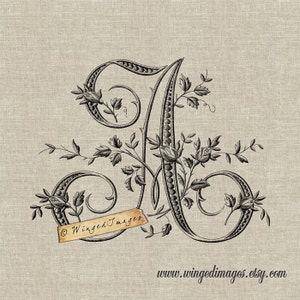 Antique French Monogram Letter A Instant Download Digital Image No 216 Iron-On Transfer to Fabric (burlap, linen) Paper Prints (cards, tags)