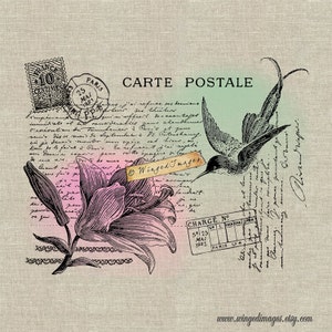 Vintage French Hummingbird Postcard Instant Download Digital Image No381 Iron-On Transfer to Fabric (burlap linen) Paper Prints (cards tags)