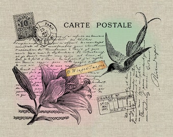 Colibrí francés Vintage Postal Descarga instantánea Imagen digital No381 Transferencia de hierro a tela (lino de arpillera) Impresiones de papel (etiquetas de tarjetas)