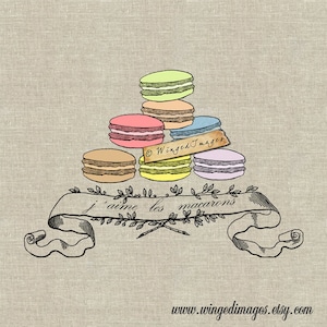 French J&#39;aime les Macarons. Instant Download Digital Image No.149 Iron-On Transfer to Fabric (burlap, linen) Paper Prints (cards, tags)