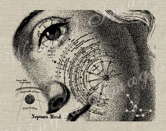 Cerrar cara de mujer Detalles astronómicos Descarga instantánea Imagen digital No.142 Transferencia de hierro a tela lino de arpillera Tarjetas de impresiones de papel