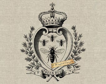 Queen Bee. Instant Download Digital Image No.408 Iron-On Transfer to Fabric (burlap, linen) Paper Prints (cards, tags)