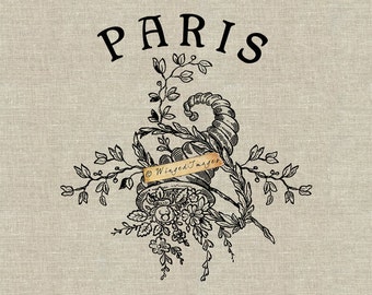 Paris Word Basket of Flowers. Instant Download Digital Image No.346 Iron-On Transfer to Fabric (burlap, linen) Paper Prints (cards, tags)