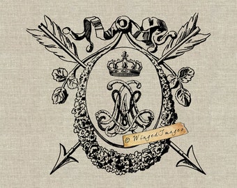 Iniciales de María Antonieta. Imagen digital n.° 270 de descarga instantánea. Transferencia térmica sobre tela (arpillera, lino). Impresiones en papel (tarjetas, etiquetas).