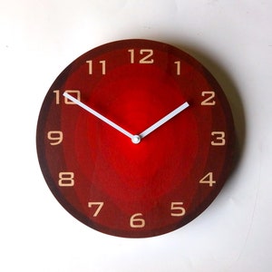 Red Ovals Wooden Wall Clock with Numerals. Unique mid century modern silent analog clock for the kitchen, living room or bedroom.