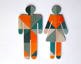 Badezimmer Schild Figuren - Grau / Orange