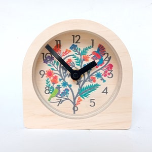 Bird Tree Wooden Desk Clock with Numbers. Unique colourful cute pretty modern silent analog mantle clock for kitchen, living room or bedroom