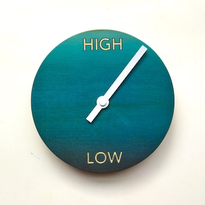 Op de afbeelding: Een ronde houten meter in teal en blauw met een witte wijzer. De meter heeft de woorden "HIGH" en "LOW" erop gedrukt.