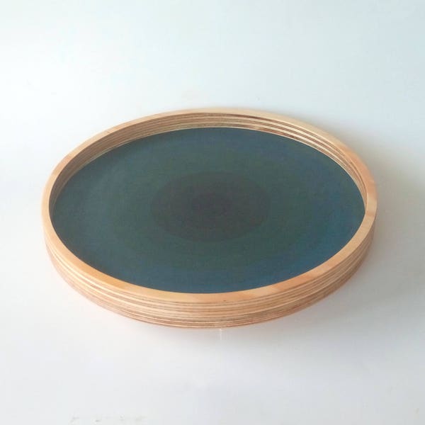 Objectify "Blue Rings" Wooden Lazy Susan Rotating Tray with Lip