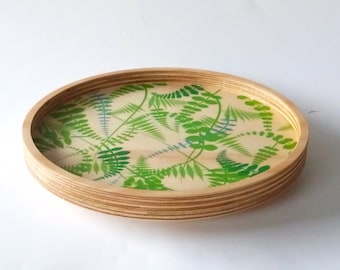 Objectify "Ferns" Wooden Lazy Susan or Fruit Bowl Rotating Tray with Lip