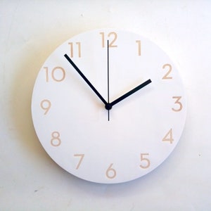 May include: A white round clock with black hands and beige numbers. The clock face has a simple design with the numbers 1 through 12 around the edge.