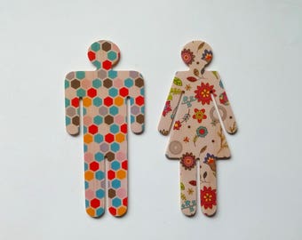 Objectify Bathroom Female/Male Sign Figures - Colorful Honeycomb and Flowery Pattern