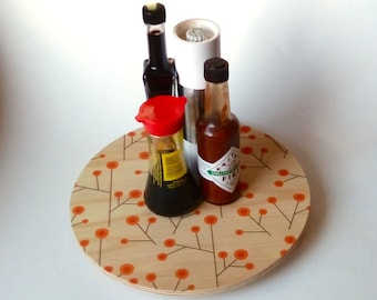 Objectify "Retro Blossom" Wooden Lazy Susan Rotating Tray - Large Size