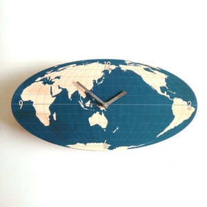 Navy World Map Wooden Wall Clock: Mid-Century Modern Silent Clock