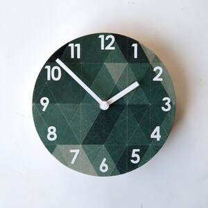 May include: A round clock with a green geometric pattern and white numbers and hands. The clock face has a white background with black lines.