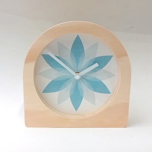 Blue Leafy Wooden Desk Clock. Unique colourful minimalist modern silent analog mantle clock for the kitchen, living room or bedroom.