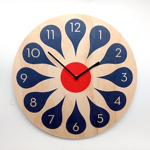 Red and Blue Bloom Plywood Wall Clock: Silent Mid Century Modern