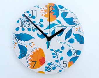 Blue Floral Wall Clock: Modern Silent Clock with Neutra Numbers