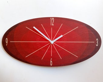 Rote Oval Holz Wanduhr: Moderne Stille Uhr Mid-Century Modern