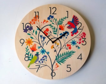 Bird Tree Wooden Wall Clock: Colorful Modern Silent Clock