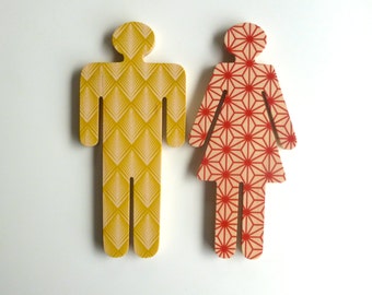 Badezimmer weiblich / männlich Schild Figuren - Retro Kiefer / rot Muster