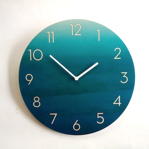 Teal Wall Clock Silent Analog Clock Round Ombre Wooden Clock with Numbers for Bedroom Kitchen Living Room Modern Home Decor Customisable