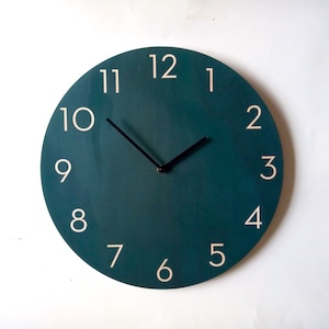 Può includere: Un orologio rotondo di colore verde acqua con numeri bianchi e lancette nere. Il quadrante dell'orologio ha i numeri da 1 a 12.
