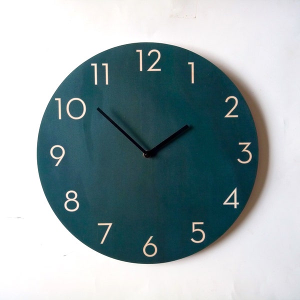 Dark Teal Wooden Wall Clock: Mid Century Modern Silent Clock