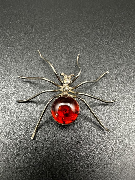 Vintage silver amber spider brooch