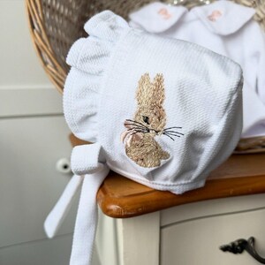 velvet baby bonnet with embroidery bunny