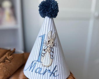 Baby’s Name  Embroidered Birthday Hat . Personalizade party Hat with Rabbit