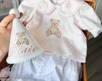 Kläder för babyflicka med första födelsedag – Nallebjörnströja med maukers och partyhatt | Söt en födelsedag | Anpassad broderad linnetröja