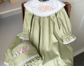 Floral embroidered dress and bonnet for first birthday