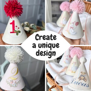 May include: A collage of four birthday party hats. The hats are cone-shaped, with a fluffy pom-pom on top. One hat has a red number 1 with holly, another has a gold number 2 with floral embroidery, and two others have a goose design. The text "Create a unique design" is also visible.