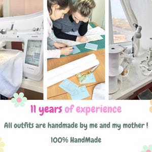 May include: A multi-panel image showcasing a sewing workshop. It features sewing machines, fabric rolls, scissors, and two people working on designs. Text in the image reads "11 years of experience" and "All outfits are handmade by me and my mother!"
