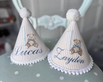 Baby’s Name  Embroidered Birthday Hat – 1st, 2nd, 3rd . Personalizade party Hat with teddy bear