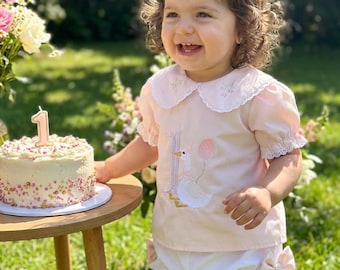 First Birthday Outfit for a Girl in Silly Goose style with embroidery. Shirt with bloomers.