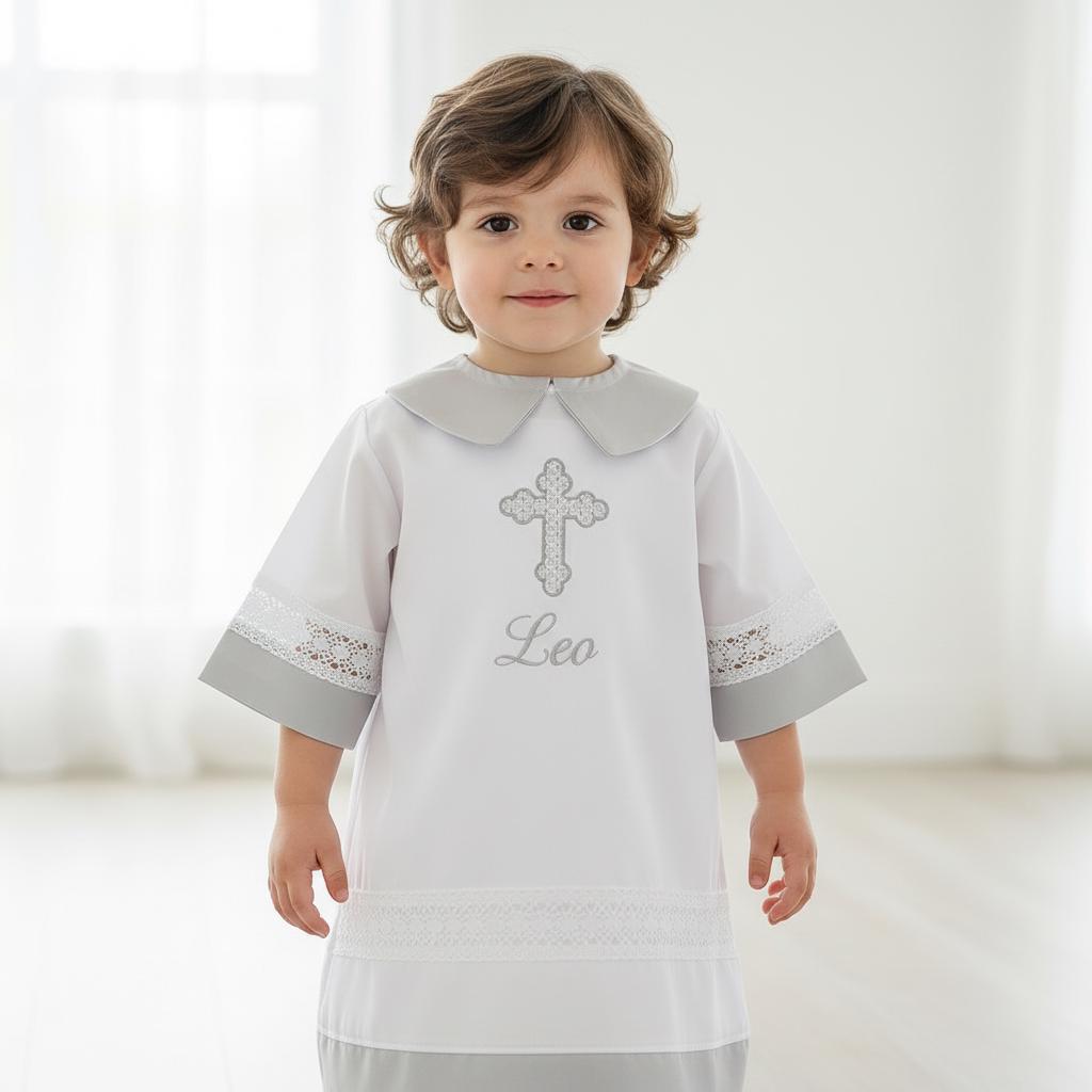 Personalized Baby Christening Outfit, White Cotton Baptism Gown, Cross Embroidery