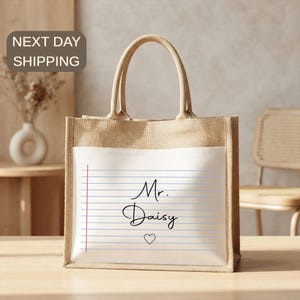 Personalized Teacher Tote, Librarian Professor Gift, School Graduation Present, Teacher Appreciation, Custom Name Bag, Notebook Paper Jute