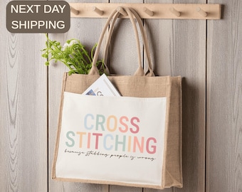 Bolsa de punto de cruz, regalo divertido para labores de costura, bolsa para proyectos de bordado, regalo sarcástico para manualidades, bolsa para artículos de hobby, bolsa de yute para bordado.