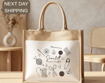 Custom Crafter Tote Bag, Knitting Project Bag, Sewing Supplies Tote, Gift For Yarn Lover, Hobbyist Jute, Quilting Fabric