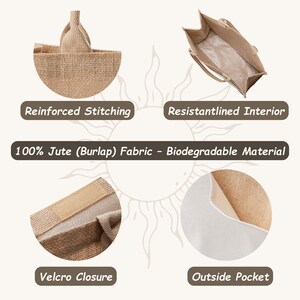 The image is a collage of four photographs depicting different features of a jute bag, including reinforced stitching, resistant lining, 100% jute (burlap) fabric, and a velcro closure.